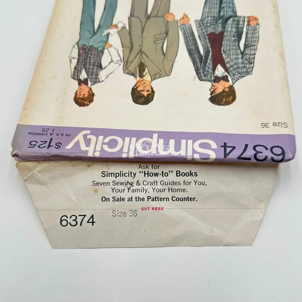 Simplicity 6374 UNCUT Mens Suit With Vest Sewing Pattern Size 36 Vintage 1974